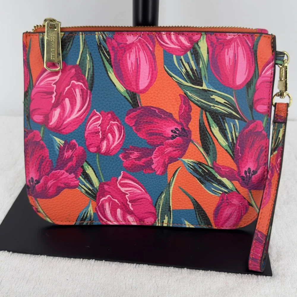 Steve Madden Floral Tulip Print Wristlet Clutch Bag Pink Orange Blue Gold Zip